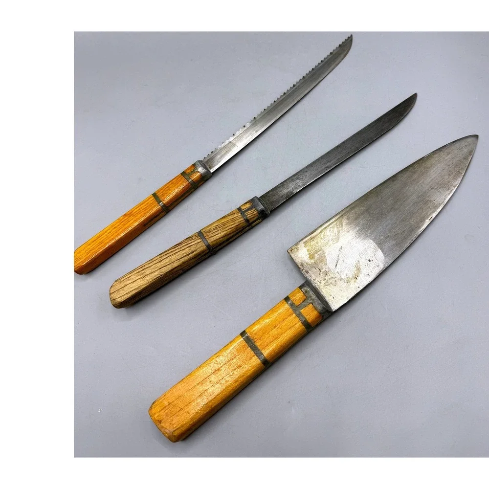 Johnson Handmade Knives Vintage 3pc Set Carbon Steel Wood Folk Art Scabbard